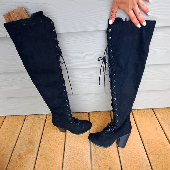 Black Suade Knee High boots - Picture 3 of 6